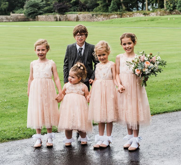 Flower Girls & Page Boy In Peach And Navy // Rainy Tipi Wedding At The Coach House at Kinross House Scotland With Bride In Embellished Bespoke Dress And Images From Photos By Zoe