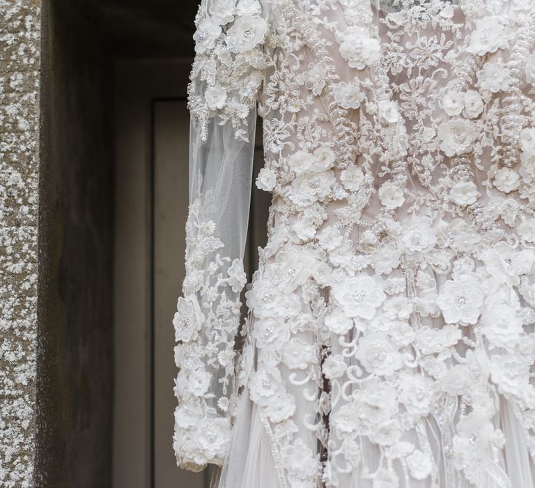 Floral Applique Wedding Dress // Rainy Tipi Wedding At The Coach House at Kinross House Scotland With Bride In Embellished Bespoke Dress And Images From Photos By Zoe