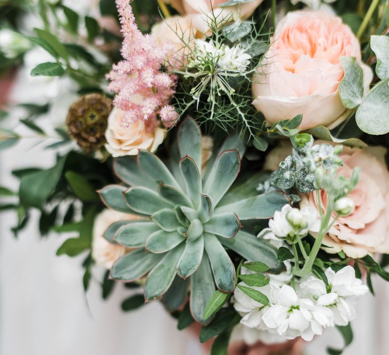 Pink & White Wedding Bouquet With Succulents // Rainy Tipi Wedding At The Coach House at Kinross House Scotland With Bride In Embellished Bespoke Dress And Images From Photos By Zoe