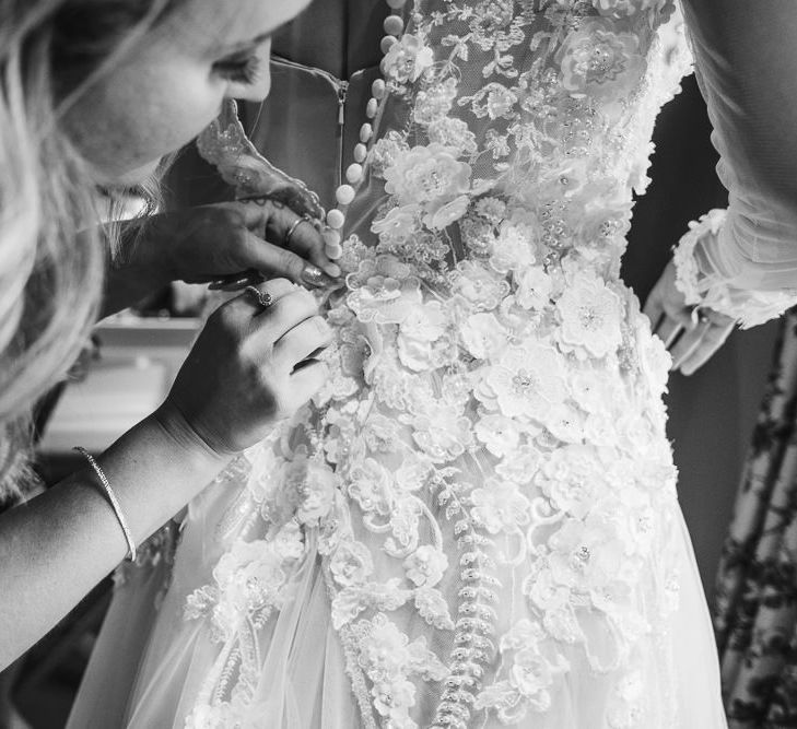 Floral Applique Wedding Dress // Rainy Tipi Wedding At The Coach House at Kinross House Scotland With Bride In Embellished Bespoke Dress And Images From Photos By Zoe