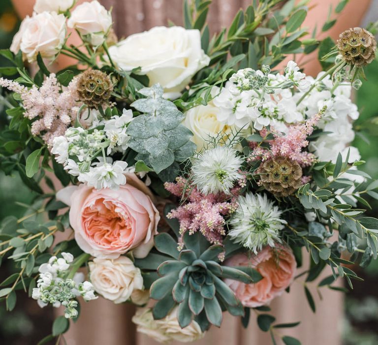 Pink & Green Wedding Bouquet // Rainy Tipi Wedding At The Coach House at Kinross House Scotland With Bride In Embellished Bespoke Dress And Images From Photos By Zoe