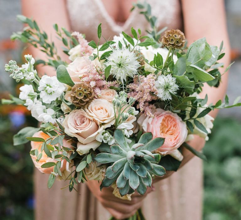 Pink & Green Wedding Bouquet // Rainy Tipi Wedding At The Coach House at Kinross House Scotland With Bride In Embellished Bespoke Dress And Images From Photos By Zoe