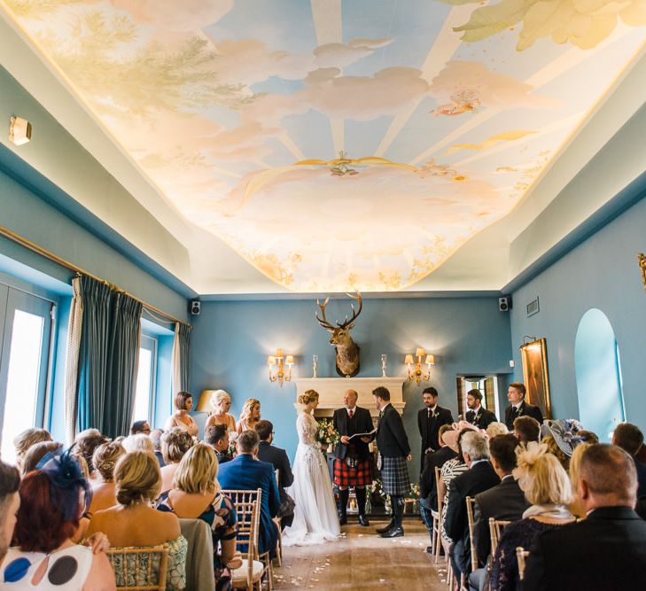 Wedding Ceremony At Kinross House // Rainy Tipi Wedding At The Coach House at Kinross House Scotland With Bride In Embellished Bespoke Dress And Images From Photos By Zoe