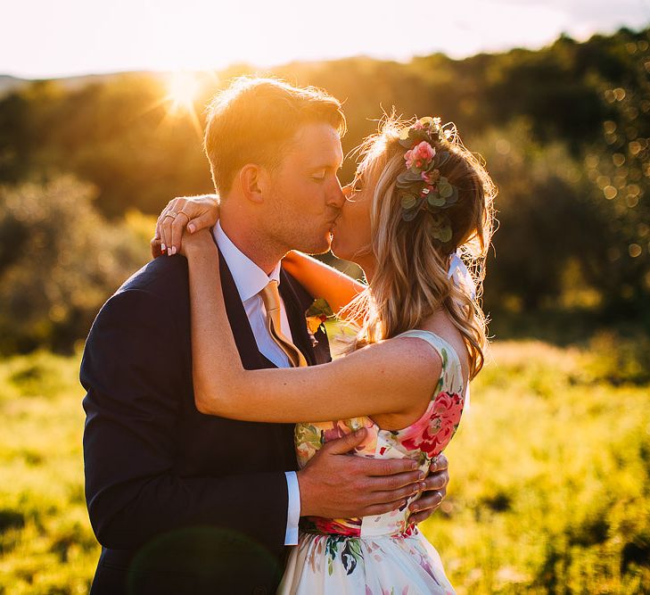 Sunset | Bride in Charlotte Balbier Untamed Love Floral Wedding Dress | Groom in Navy Ted Baker Suit | Destination Wedding at Casa Cornacchi in Italy | Albert Palmer Photography