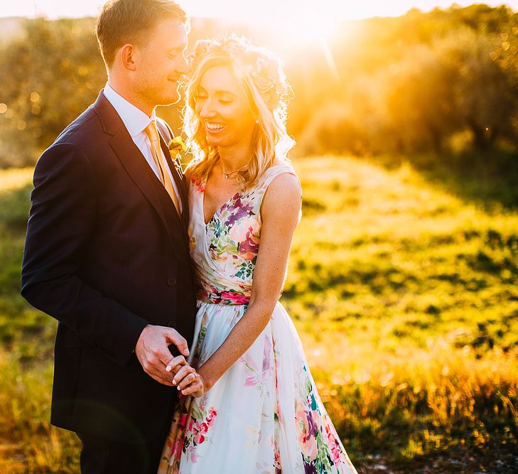 Sunset | Bride in Charlotte Balbier Untamed Love Floral Wedding Dress | Groom in Navy Ted Baker Suit | Destination Wedding at Casa Cornacchi in Italy | Albert Palmer Photography