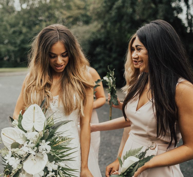 Young & Vibrant Wedding At Wylam Brewery With Bridesmaids In Metallic Satin Jumpsuits & A Tropical Palm Print Theme With Images From Nataly J