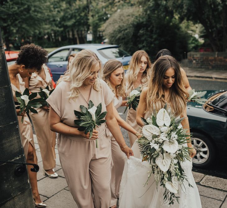 Young & Vibrant Wedding At Wylam Brewery With Bridesmaids In Metallic Satin Jumpsuits & A Tropical Palm Print Theme With Images From Nataly J