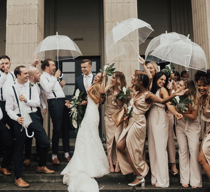 Young & Vibrant Wedding At Wylam Brewery With Bridesmaids In Metallic Satin Jumpsuits & A Tropical Palm Print Theme With Images From Nataly J