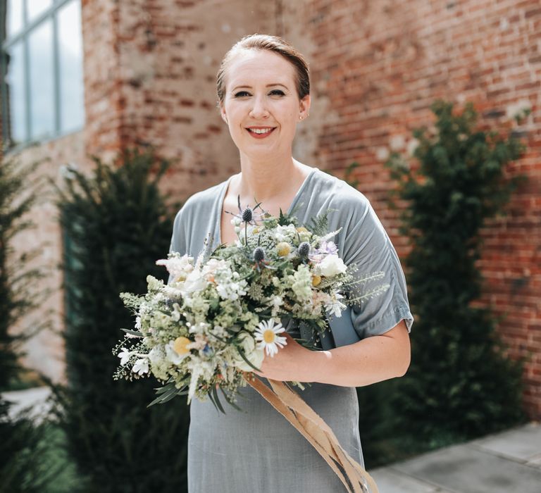 Rustic Wedding Bouquet For Bridesmaid In Grey Dress