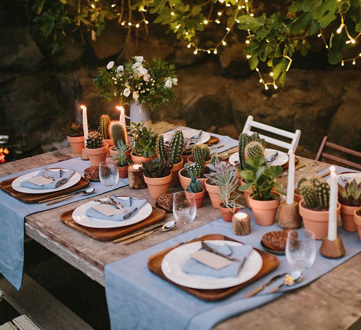 Rustic Tablescape For Wedding With Terracotta & Cactii Plants