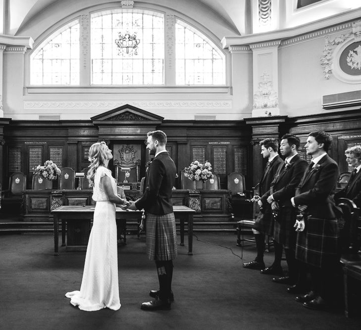 Halfpenny London Bride For An Intimate Wedding At Perseverance Works Shoreditch With Groom & Groomsmen In Kilts And Images From Adam Cherry Photography