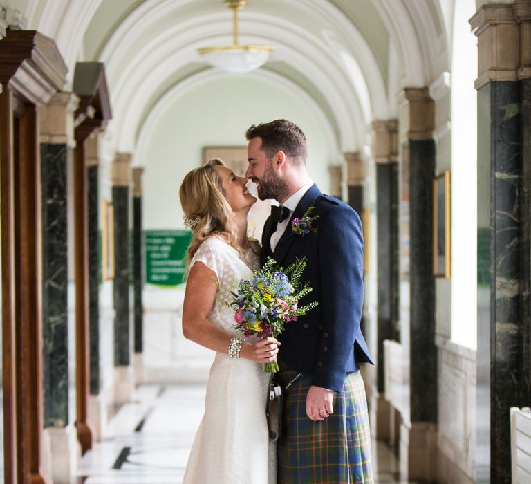 Halfpenny London Bride For An Intimate Wedding At Perseverance Works Shoreditch With Groom & Groomsmen In Kilts And Images From Adam Cherry Photography