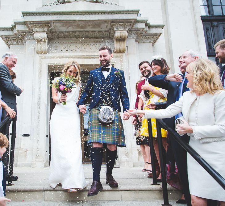 Halfpenny London Bride For An Intimate Wedding At Perseverance Works Shoreditch With Groom & Groomsmen In Kilts And Images From Adam Cherry Photography