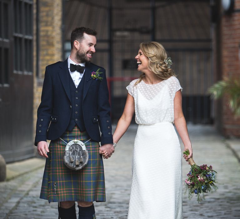 Halfpenny London Bride For An Intimate Wedding At Perseverance Works Shoreditch With Groom & Groomsmen In Kilts And Images From Adam Cherry Photography