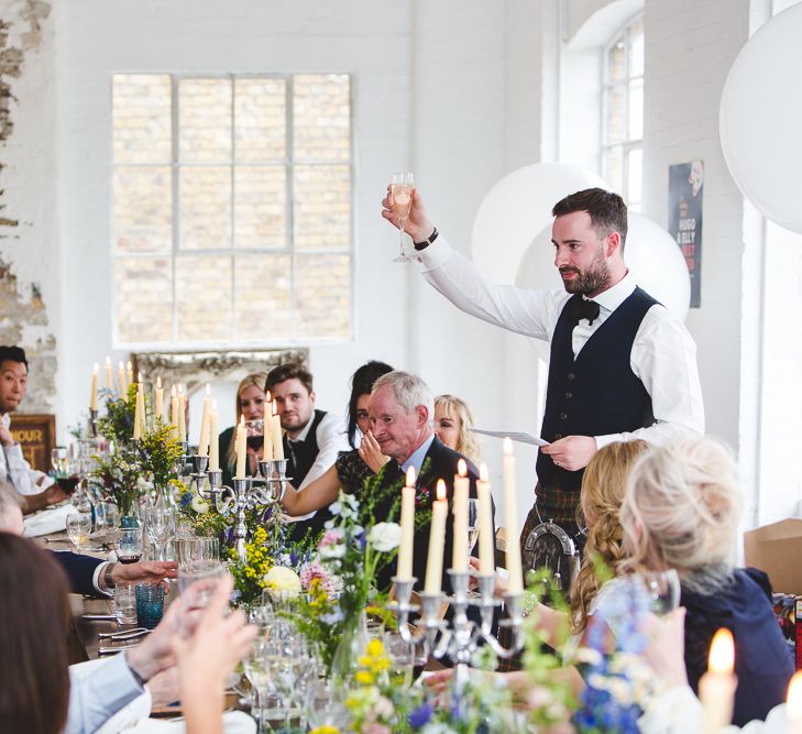 Halfpenny London Bride For An Intimate Wedding At Perseverance Works Shoreditch With Groom & Groomsmen In Kilts And Images From Adam Cherry Photography