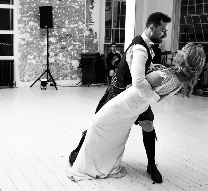 Halfpenny London Bride For An Intimate Wedding At Perseverance Works Shoreditch With Groom & Groomsmen In Kilts And Images From Adam Cherry Photography