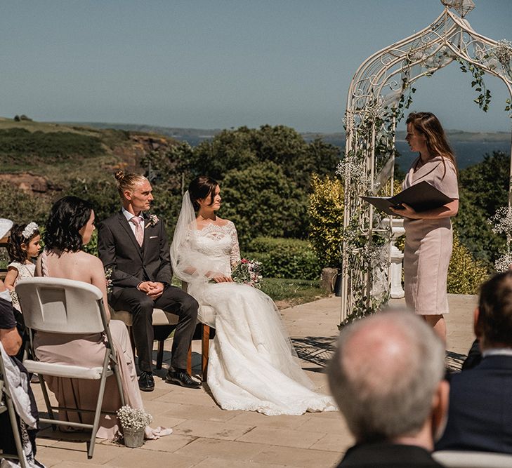 Bride in Pronovias Princia Lace Gown & Jacket | Outdoor Wedding at The Haven Hotel in Southern Ireland | Jason Mark Harris Photography