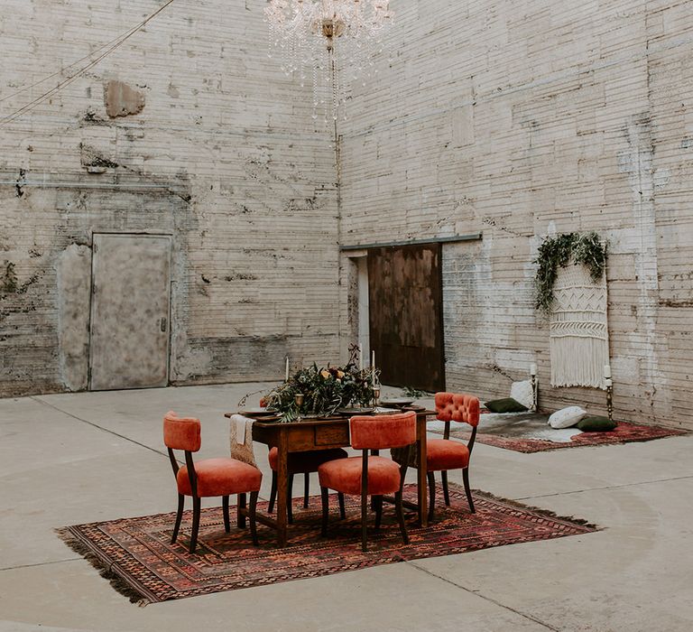 Industrial Bohemian Chic Inspiration by Simple Means Events | Rich Autumnal Flowers & Macrame Wall Hanging Decor | Erika Greene Photography