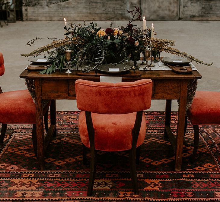 Industrial Bohemian Chic Inspiration by Simple Means Events | Rich Autumnal Flowers & Macrame Wall Hanging Decor | Erika Greene Photography