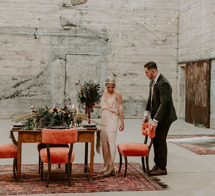 Industrial Bohemian Chic Inspiration by Simple Means Events | Rich Autumnal Flowers & Macrame Wall Hanging Decor | Erika Greene Photography