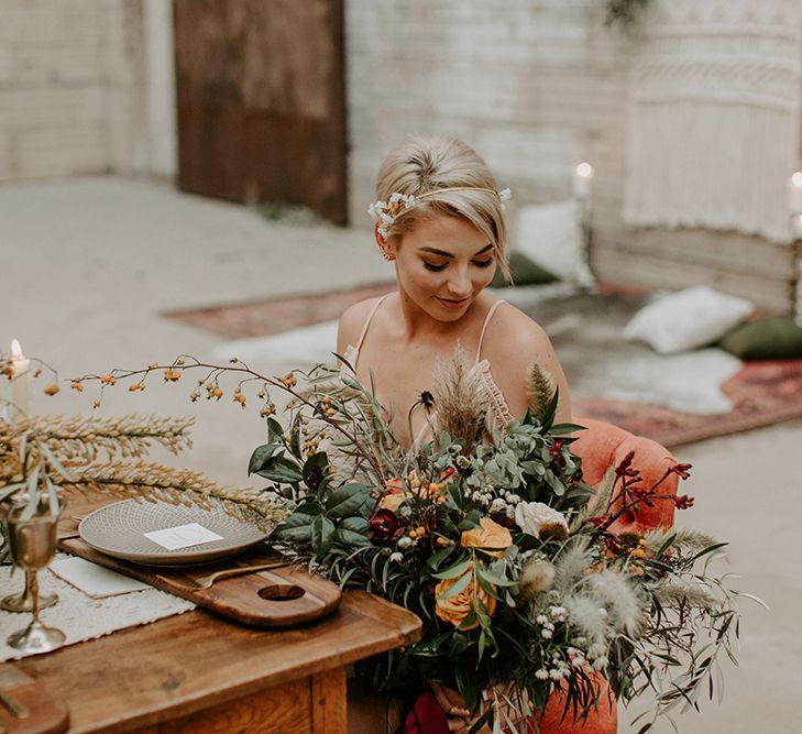 Industrial Bohemian Chic Inspiration by Simple Means Events | Rich Autumnal Flowers & Macrame Wall Hanging Decor | Erika Greene Photography