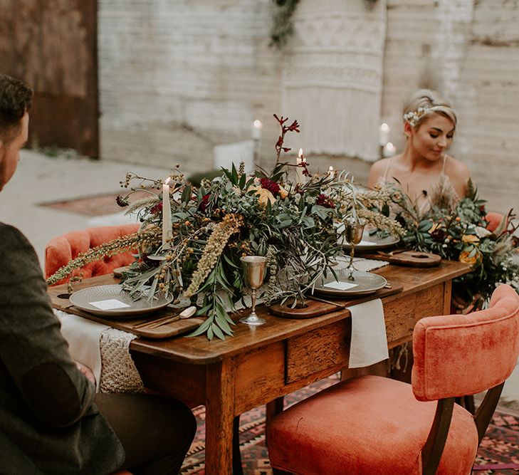 Industrial Bohemian Chic Inspiration by Simple Means Events | Rich Autumnal Flowers & Macrame Wall Hanging Decor | Erika Greene Photography