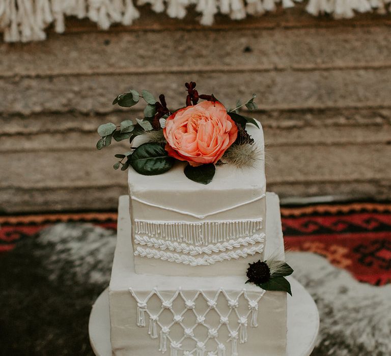 Industrial Bohemian Chic Inspiration by Simple Means Events | Rich Autumnal Flowers & Macrame Wall Hanging Decor | Erika Greene Photography