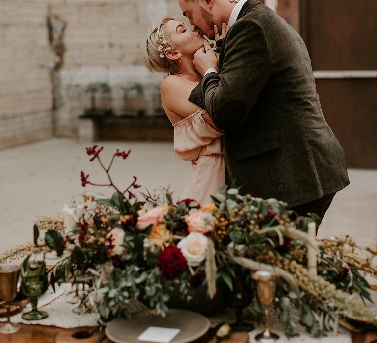 Industrial Bohemian Chic Inspiration by Simple Means Events | Rich Autumnal Flowers & Macrame Wall Hanging Decor | Erika Greene Photography