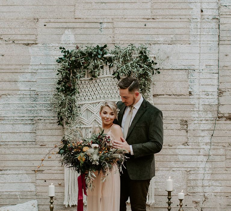 Industrial Bohemian Chic Inspiration by Simple Means Events | Rich Autumnal Flowers & Macrame Wall Hanging Decor | Erika Greene Photography