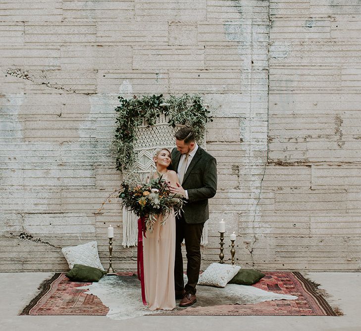 Industrial Bohemian Chic Inspiration by Simple Means Events | Rich Autumnal Flowers & Macrame Wall Hanging Decor | Erika Greene Photography