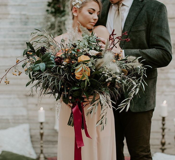 Industrial Bohemian Chic Inspiration by Simple Means Events | Rich Autumnal Flowers & Macrame Wall Hanging Decor | Erika Greene Photography