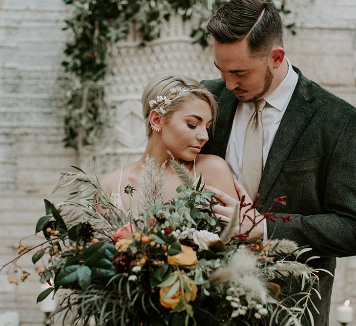 Industrial Bohemian Chic Inspiration by Simple Means Events | Rich Autumnal Flowers & Macrame Wall Hanging Decor | Erika Greene Photography