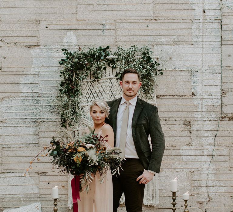 Industrial Bohemian Chic Inspiration by Simple Means Events | Rich Autumnal Flowers & Macrame Wall Hanging Decor | Erika Greene Photography