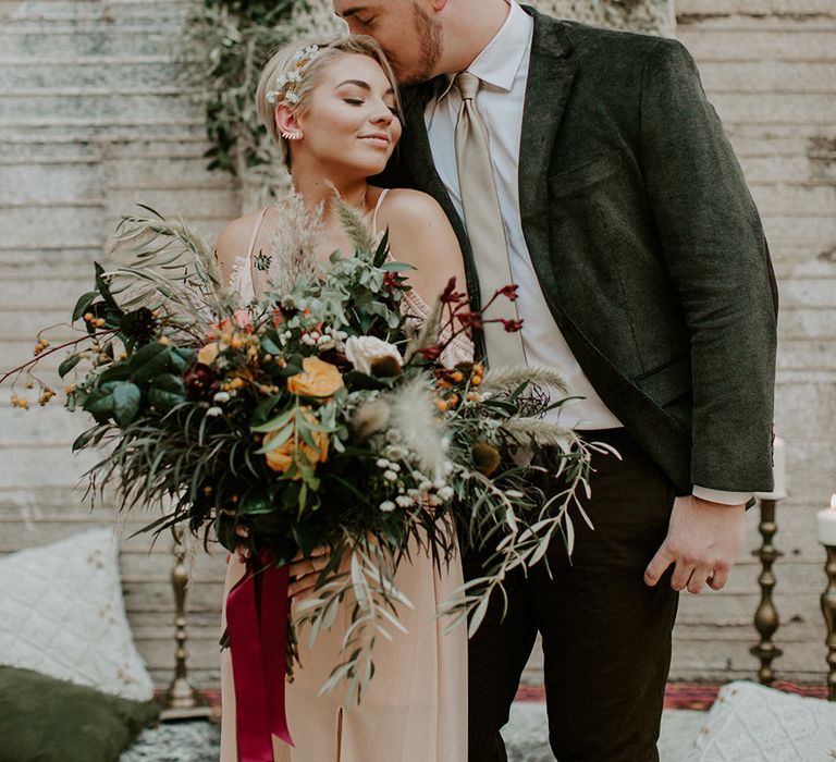 Industrial Bohemian Chic Inspiration by Simple Means Events | Rich Autumnal Flowers & Macrame Wall Hanging Decor | Erika Greene Photography