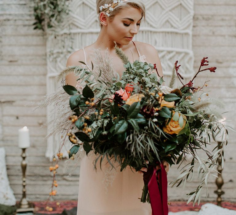 Industrial Bohemian Chic Inspiration by Simple Means Events | Rich Autumnal Flowers & Macrame Wall Hanging Decor | Erika Greene Photography