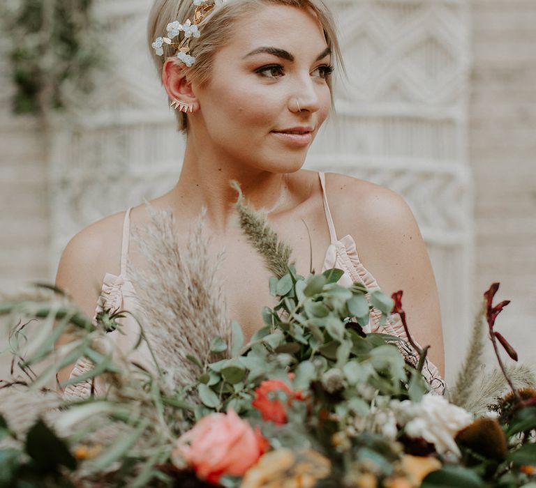 Industrial Bohemian Chic Inspiration by Simple Means Events | Rich Autumnal Flowers & Macrame Wall Hanging Decor | Erika Greene Photography