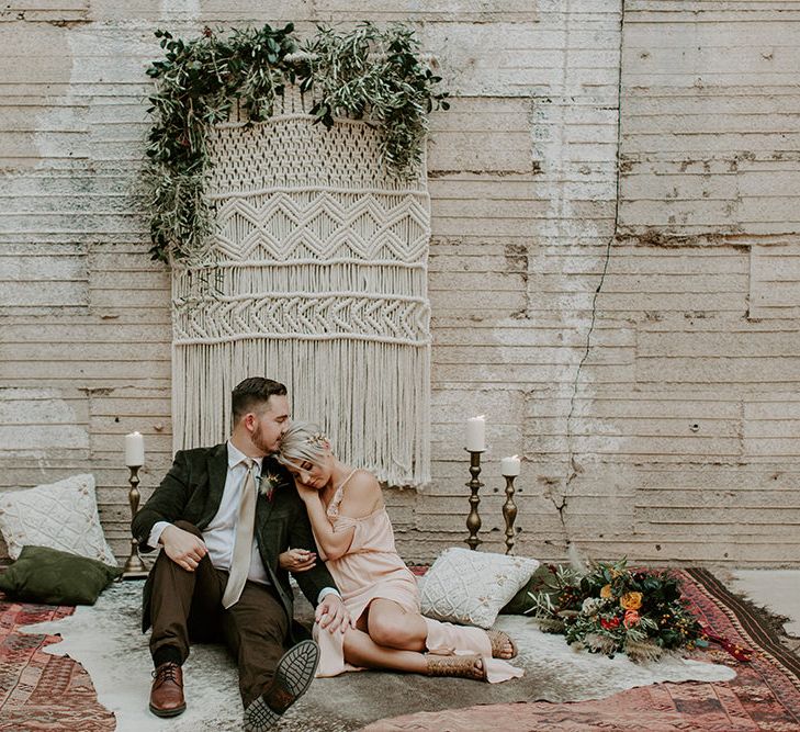 Industrial Bohemian Chic Inspiration by Simple Means Events | Rich Autumnal Flowers & Macrame Wall Hanging Decor | Erika Greene Photography