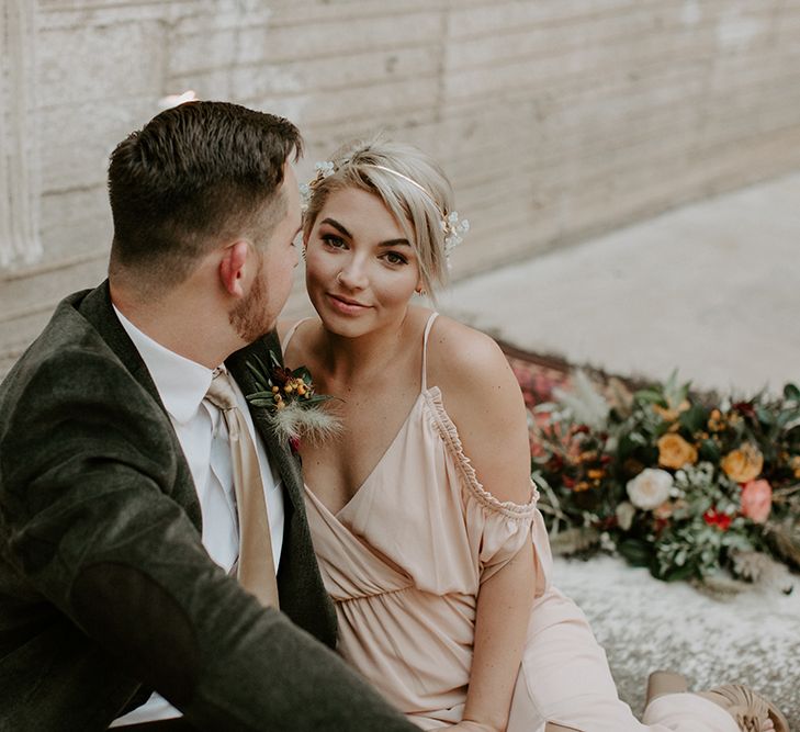 Industrial Bohemian Chic Inspiration by Simple Means Events | Rich Autumnal Flowers & Macrame Wall Hanging Decor | Erika Greene Photography