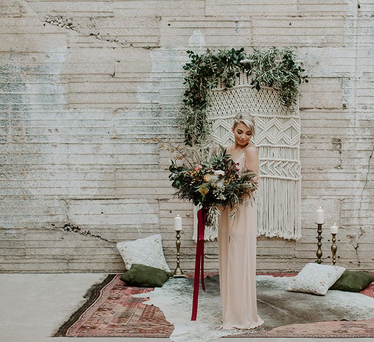 Industrial Bohemian Chic Inspiration by Simple Means Events | Rich Autumnal Flowers & Macrame Wall Hanging Decor | Erika Greene Photography