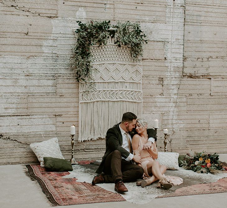 Industrial Bohemian Chic Inspiration by Simple Means Events | Rich Autumnal Flowers & Macrame Wall Hanging Decor | Erika Greene Photography