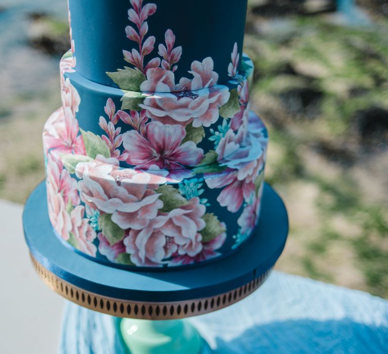 Blue Floral Painted Wedding Cake