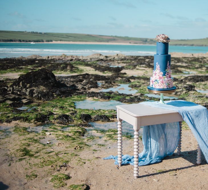 Blue Floral Painted Wedding Cake