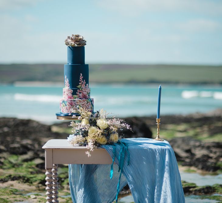 Blue Floral Painted Wedding Cake