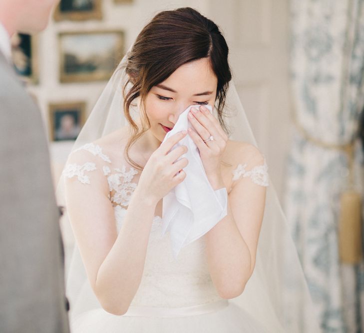 Emotional Bride in Bespoke Illusion Neck Gown | M and J Photography