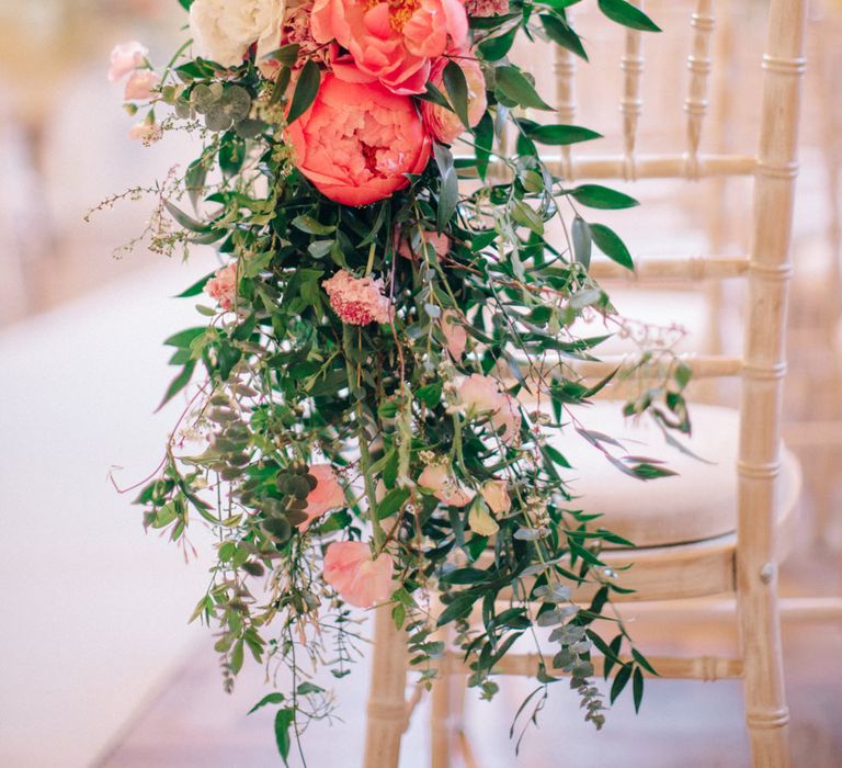 Coral Peony Flower Chair Back Decor | Timeless Wedding Assembly Rooms in Bath | M and J Photography