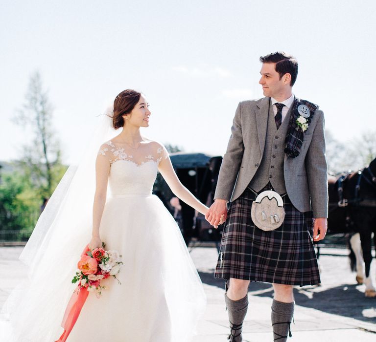 Bride in Bespoke Princess Gown | Groom in Tartan Kilt | M and J Photography