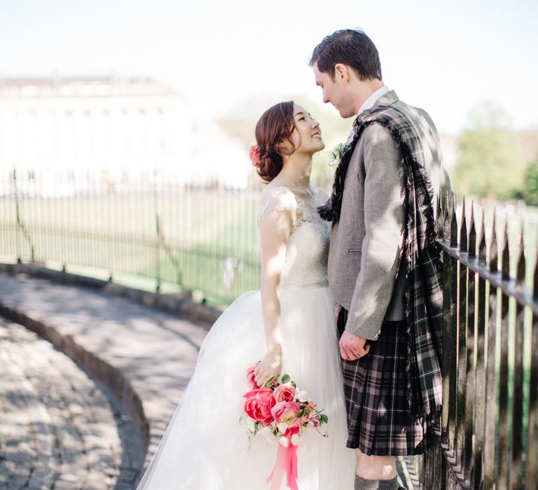 Bride in Bespoke Princess Gown | Groom in Tartan Kilt | M and J Photography