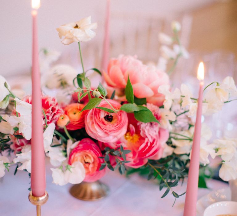 Pink & Gold Table Decor | Tapered Candles | Floral Centrepiece | Timeless Wedding Assembly Rooms in Bath | M and J Photography