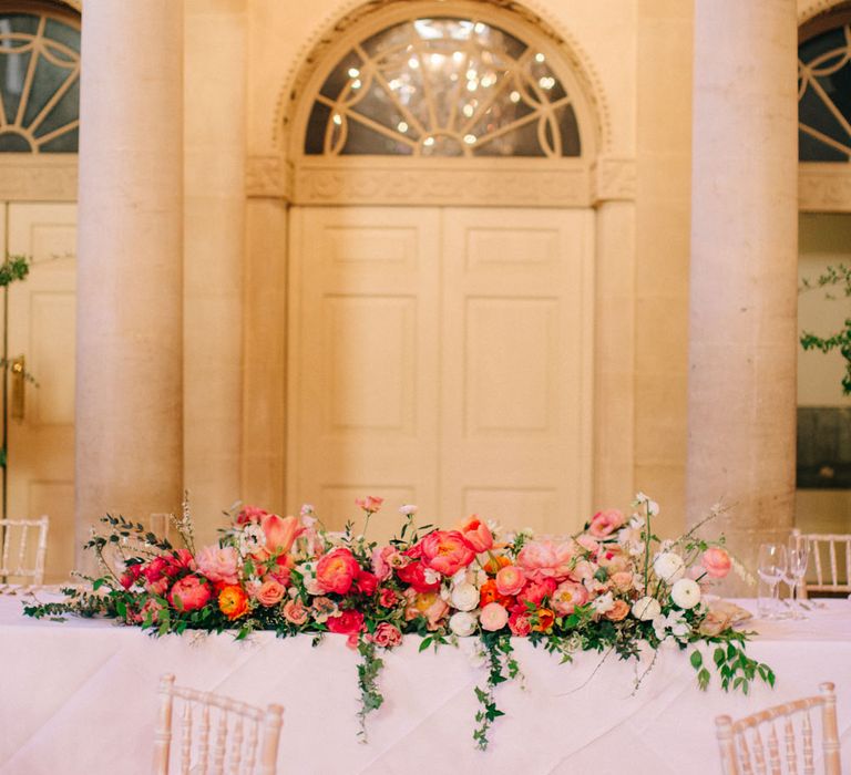 Coral Top Table Floral Arrangement | Timeless Wedding Assembly Rooms in Bath | M and J Photography