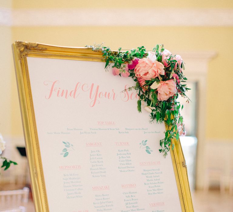 Gold Frame Table Plan with Floral Garland | Timeless Wedding Assembly Rooms in Bath | M and J Photography